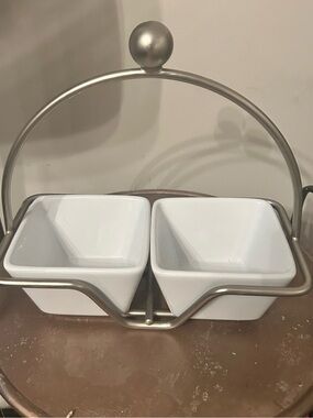 The Pampered Chef White Ceramic Double Dip Bowl Set with Metal Stand